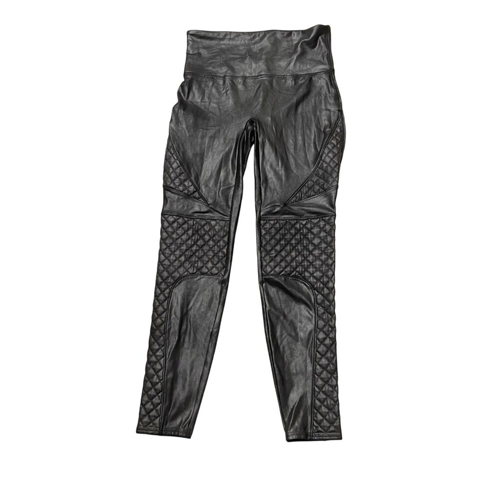 Spanx Quilted Faux Leather Shiny Moto Leggings Women's Size Large Black - Picture 3 of 13